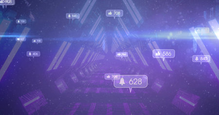 Hovering notification bubble showing bell icon and 628 count in neon tunnel, with glowing panels. Futuristic, digital, abstract, neon, technology, cyberspace, sci-fiの写真素材