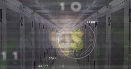 Extending server room corridor showing binary overlays on racks with HUD interface, 3D dollar sign....