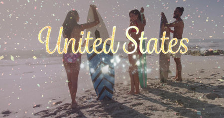 Standing group wearing swimwear holding surfboards on beach at ocean edge, with golden text overlay. Portrait, lifestyle, vibrant, adventure, leisure, outdoor, camaraderieの写真素材