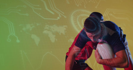 Tackling opponent wearing jersey and carrying white rugby ball in studio, with digital overlay. Athleticism, competition, teamwork, digital innovation, sports technology, physical fitness, strategyの写真素材