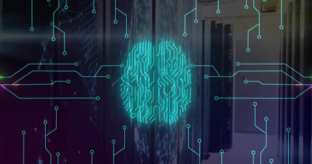 Glowing holographic fingerprint icon hovering in server room aisle, with racks and LED indicators....