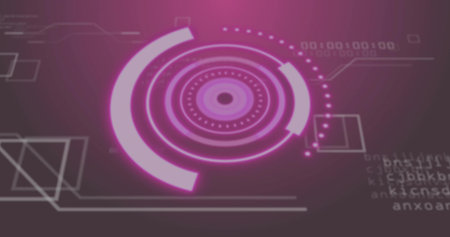 Animating central HUD interface in digital gradient environment with rings, modules and binary code. Futuristic, technology, user interface, sci-fi, digital design, innovation, cyberの写真素材