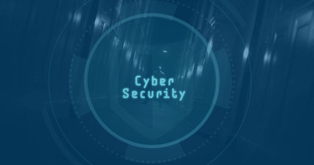 Displaying cybersecurity overlay in dark corridor, with HUD circles, shield and Cyber Security text....