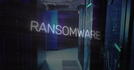 Projecting holographic text in data center hall, with server racks, LED lights. Technology,...