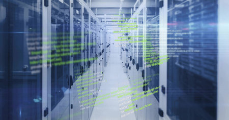Featuring center aisle showing server cabinets in data center corridor, with hologram code overlay....