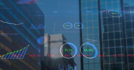 Displaying data overlay hovering above city skyline with glass skyscrapers and progress charts. Urban, modern, technology, finance, analytics, digital, corporateの写真素材