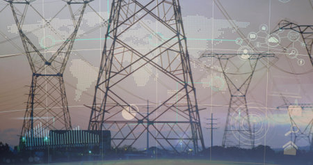 Showing high-voltage lattice tower transmitting power over plain at dusk, with digital data overlay. Energy infrastructure, digital technology, data visualization, electrical grid, network connectivity, modern industry, renewable resourcesの写真素材