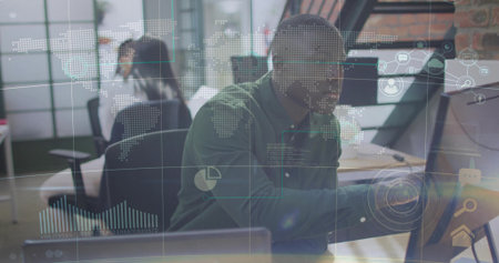Interacting African American man reaching for touchscreen in modern office with digital overlays. Technology, collaboration, workspace, innovation, digital, communication, professionalの写真素材
