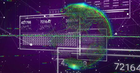 Floating data globe representing network in cyberspace, with laptop grid, nodes and number readouts....