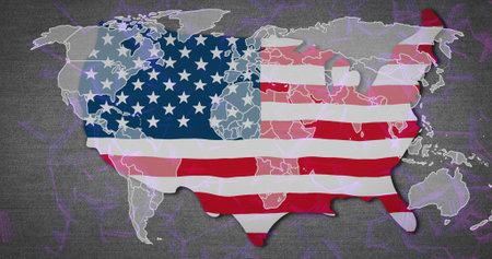Displaying US silhouette with flag pattern on dark background, featuring world map and purple veins. Geography, nationalism, digital art, geopolitical, infographic, patriotic, abstractの写真素材
