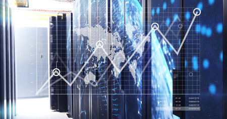 Showing racks with LEDs and overlaying world map line graph, data readouts in data center corridor....