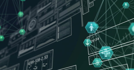 Hexagonal node icons linking with UI panels on VR interface, with label 26134, copy space....