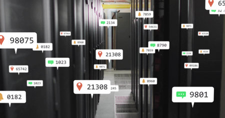 Showing data center corridor with black server racks, overhead conduits, floating digital labels....