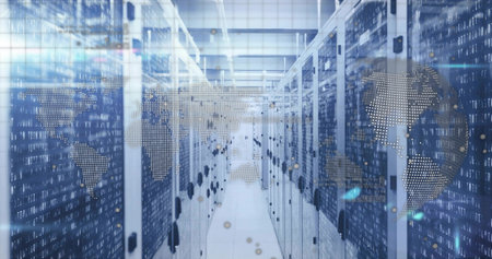 Streaming binary and world map overlay across central server racks in datacenter, with LED lights....