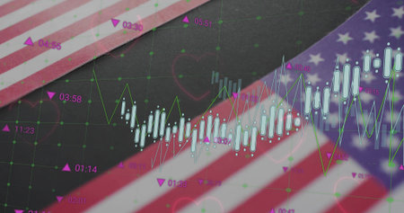 Showing candlestick and line graph on interface with red and white stripes, star field, green node grid. Finance, stockmarket, investment, technology, analytics, data visualization, digital interfaceの写真素材