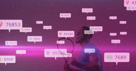 Gripping racket, male tennis player celebrating in digital arena with floating icons, copy space. Athletic, victory, modern, vibrant, digital, innovation, energeticの写真素材