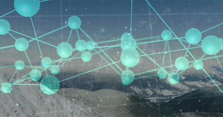 Digital network hovering over snowy mountains, linking glowing teal spheres with connecting lines....