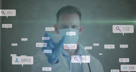 Doctor manipulating floating data panels in interface, wearing lab coat mask glove stethoscope. Medical, technology, futuristic, innovation, health, data, digitalの写真素材