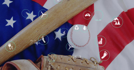 Arranging wooden baseball bat over baseball glove holding baseball on USA flag, showing eco icons. Sports, patriotism, sustainability, eco-conscious, energy, environment, data visualizationの写真素材