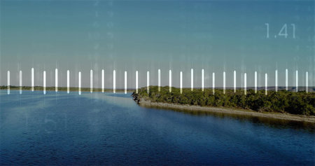 Jutting forested peninsula piercing calm inlet, with 1.41 overlay, copy space. Serene, landscape,...