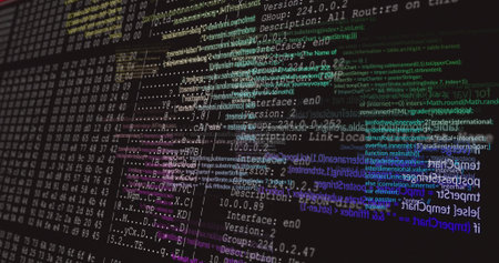 Color-coded code, network config and hex dumps appearing on monitor at desk, with terminal window. Cybersecurity, programming, data analysis, software development, digital, technology, codingの写真素材