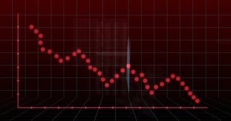 Showing falling line graph across dashboard with red circular data markers and grid lines. Future analytics, digital visualization, data analytics, technology interface, financial trends, immersive design, data scienceの写真素材