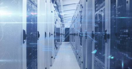 Illuminating data center aisle with server racks, network switches, cable trays, blinking LEDs....