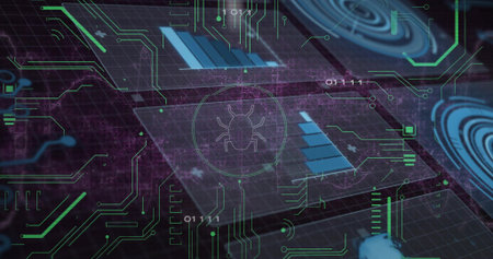 Displaying bug icon glowing on security dashboard panels linking circuits and binary digits....