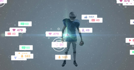 Standing football player wearing helmet pads gripping ball in digital arena with social media icons....
