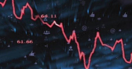 Displaying jagged red line chart trending in data screen, showing 64.11 61.66 and social icons. Analytics, dashboard, minimalist, technology, finance, innovation, futuristicの写真素材