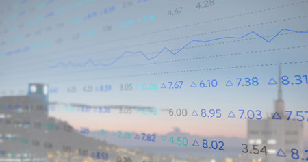 Displaying interface over skyline at dusk with line graph, numeric rows with triangles, dotted grid....