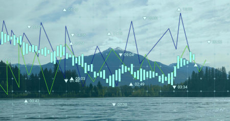 Overlaying chart onto mountain lakeside, with light-blue bars or green-blue lines or time markers or grid. Scenic, landscape, reflection, serenity, wilderness, visualization, natureの写真素材