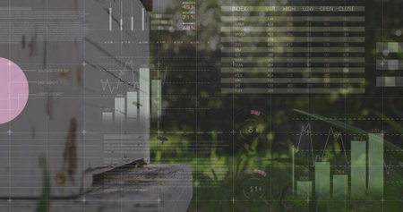 Displaying aged white metal panel mounted on platform in grassy field, data overlays, copy space. Industrial, grunge, technology, analytics, data visualization, vintage, outdoorの写真素材