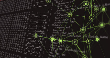 Network graph overlaying monospace code and ASCII art on screen, with neon green nodes and icons. Cybersecurity, data visualization, digital interface, network mapping, technology, software development, futuristicの写真素材