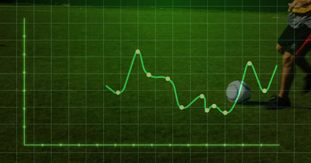 Overlaying green data grid onto soccer pitch, tracking player legs in shorts and ball, copy space. Athletics, sports analytics, motion, competition, performance, digital, outdoorの写真素材