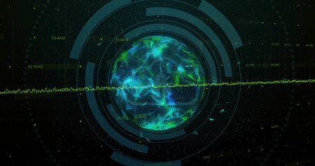 Displaying neon-green low-poly mesh rotating within control interface, with HUD rings and waveform....