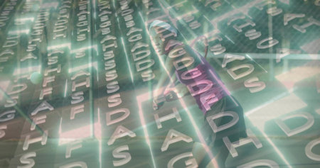 Striding woman wearing glowing suit in neon virtual grid, alphanumeric characters floating. Futuristic, digital, cyberpunk, sci-fi, technology, innovation, immersiveの写真素材