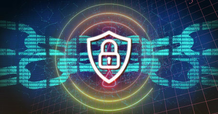 Highlighting white-outlined shield with padlock icon floating on dark grid with code links, rings....