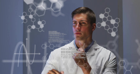 Exploring scientist wearing lab coat manipulating holographic models in laboratory with line graph. Technology, innovation, visualization, data analysis, futuristic, stem, digitalの写真素材