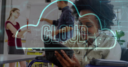 Overlaying neon-blue cloud graphic covering office, with team pointing at whiteboard using tablet....