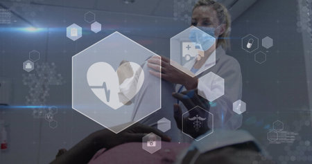 Assessing doctor wearing mask examining patient on exam table in clinical room, with AR icons....