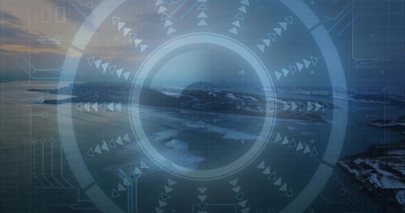 Displaying circular HUD overlaying coastal waters and islets at dusk, with arrows and grid overlay. Futuristic, immersive, technology, marine, interface, scenic, digitalの写真素材