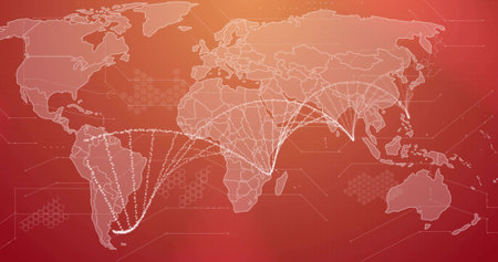 Displaying world map routing via white dotted lines on digital canvas, with hexagons and gridlines....