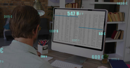 Man wearing shirt, glasses analyzing money on monitor at home office desk with keyboard, copy space....