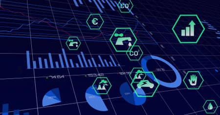 Displaying green hexagon icons and charts on virtual dashboard, with COâ and economic arrow. Technology, data visualization, analytics, sustainability, finance, innovation, digital interfaceの写真素材