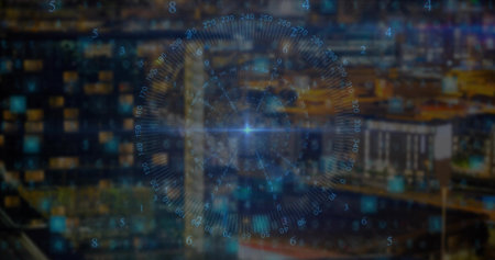 Projecting HUD overlay above urban skyline at night, showing concentric ring, numeric indicators. Futuristic, technology, innovation, ambient, urban, high-tech, nightscapeの写真素材