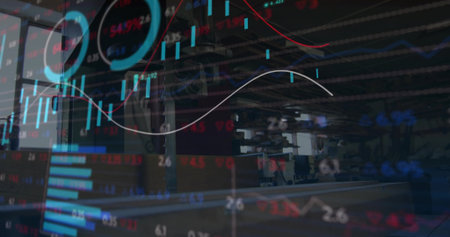 Displaying market data overlay blending with industrial plant, featuring digital financial charts. Technology, analytics, industrial, steel, innovation, machinery, data visualizationの写真素材