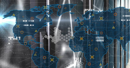 Showing blue world map on metallic grid with hex clusters, geometric circuit patterns and blocks....