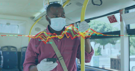 Checking smartphone with data overlays while gripping handrail on city bus by masked gloved rider....