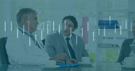 Two professionals discussing patient data in office meeting room, with stethoscope, digital charts. Collaboration, teamwork, corporate, consultation, modern, analytics, innovationの写真素材